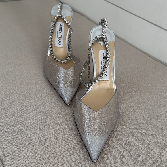 LIKE NEW-Jimmy Choo Saeda 100 Glitter Plexi Pumps with Crystal Embellishment - Picture 5 of 9
